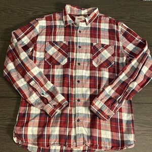 Levi’s plaid flannel. Size L. Red/cream/blue. Button down. Long sleeve. Collar.